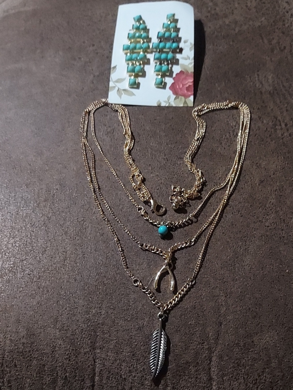 Gold-Tone Layered Necklace with Turquoise Accent and Feather Charm